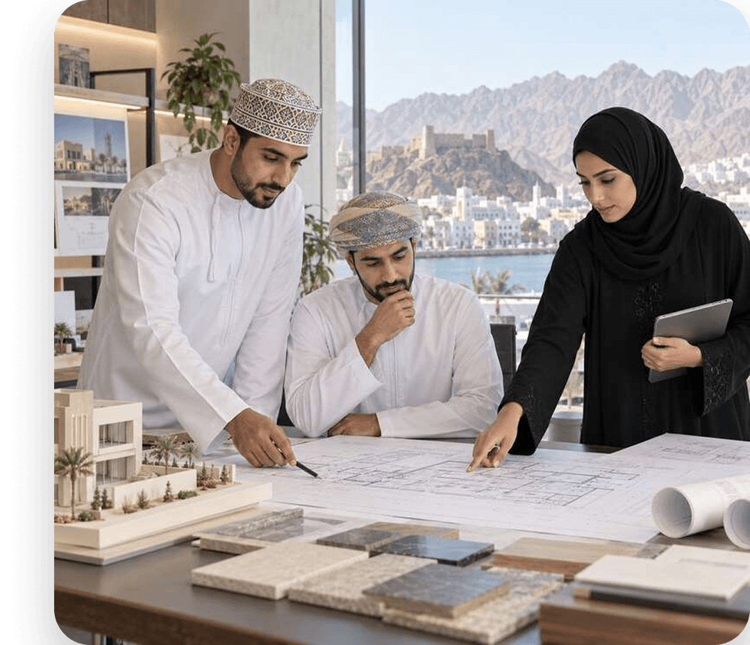 Omani architecture team reviewing construction plans